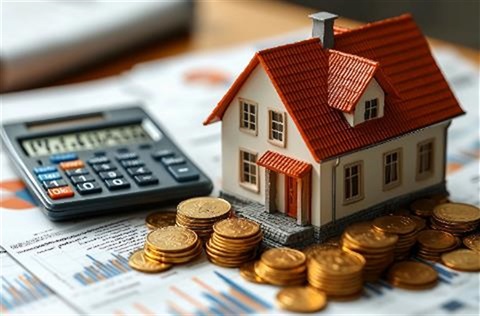 Photo of a toy house sitting next to a calculator and stacked coins