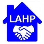 Logo for LAHP, a blue house with shaking hands