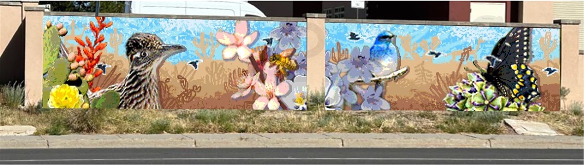 Colorful glass mosaic with roadrunner, flowers, blue sky, and butterflies.jpg