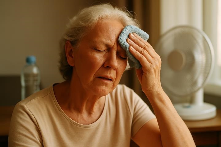 Image of an elderly woman dabbing her forehead with a cloth sitting behind a bottle of water and a table fan. The photo is implying that the woman is inside of her home and she is hot. She has an expression of distress on her face.