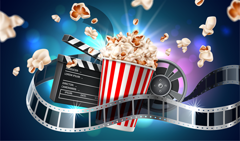 film strip with popcorn up with popcorn exploding in the background.