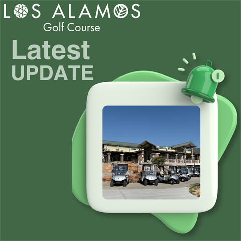 Los Almos County Golf Course Club house, with new e-cart fleet sitting in front of it, facing the driving range.