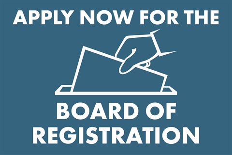 Board of Registration Image that says apply new for the Board of Registration