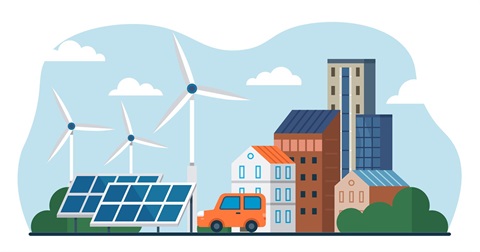 Electricity Sustainability image showing windmills, an electric car, and solar panels supporting a city