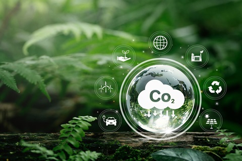 Greenhouse Gas Emissions Image showing a drop of water with CO2 in it and surrounded by icons from emissions sources such as transportation, electricity, trash