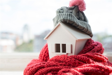 Photographs of a small house with a red scarf and gray beanie.
