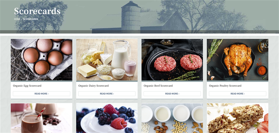 Cornucopia Institute Organic Foods Scorecards website screenshot with links to a wide variety of organic foods lising the farms that provide those foods and their scores - Click to navigate to the Cornucopia Institute organic foods scorecard website