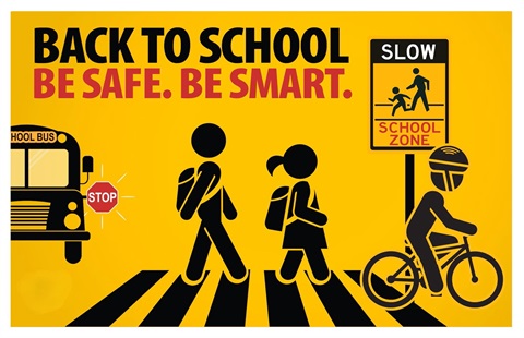 illustration of stylized children going back to school in a cross walk with a school bus in the background with a red stop sign