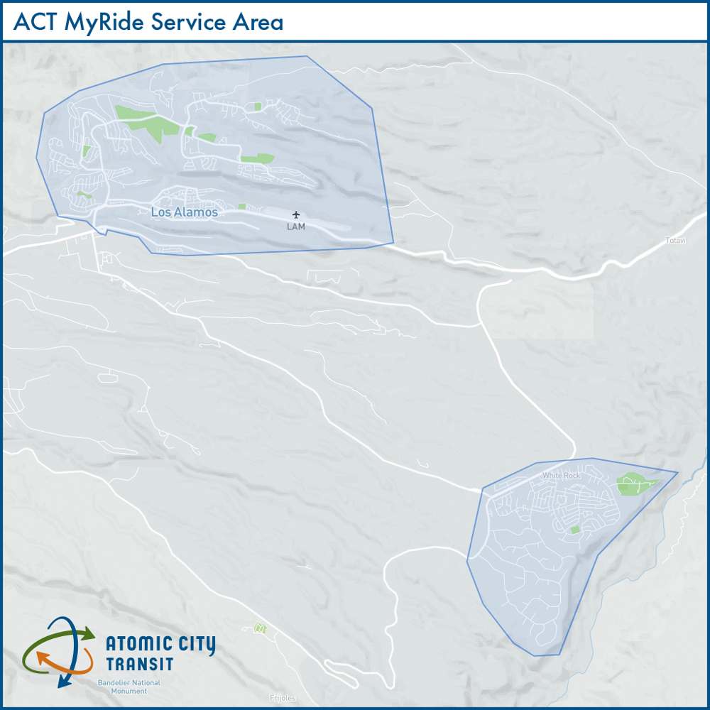 Map displaying the ACT MyRide Service Area of Los Alamos Townsite and White Rock