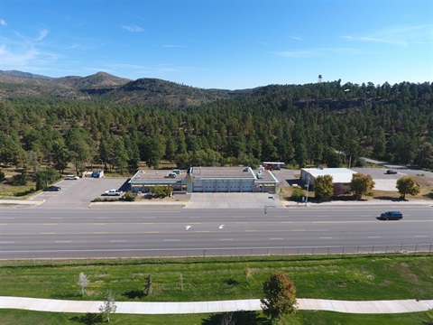 Photograph of an aerial view of Fire Station 4 from the golf course. 