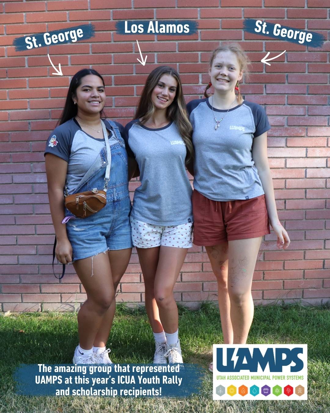 3 teen girls stand hip to hip. Labels above their heads show where they are from: St. George, Los Alamos, St. George. Text at the bottom says 
