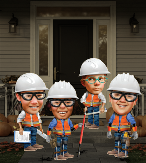 Four kids dressed as engineers and lineworkers at a front door ready to trick or treat
