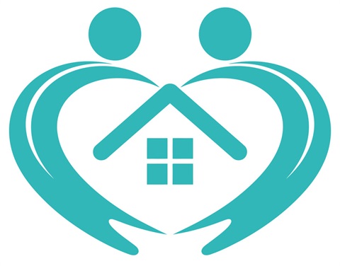 An icon in which two people form a heart around a house