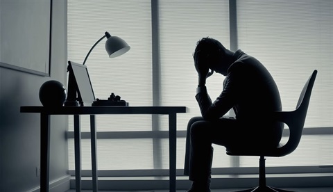 Person silhouetted and sitting in front of desk with their head in their hands