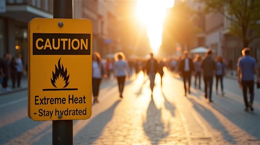 Image of people walking in the street with the sun shining down from above casting long shadows. In the foreground a yellow caution sign that reads 