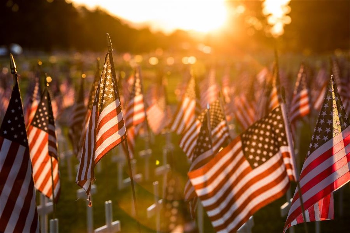 Photograph of dozens of handheld sized American Flags at a Veterans cemetery with sun setting between trees. 