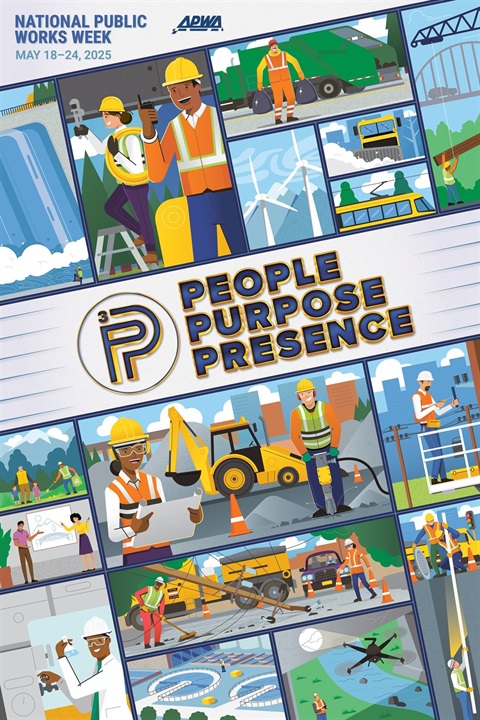 An animated poster highlighting public works employees wearing hard hats and safety vests overseeing various projects, from street construction to snow removal. 