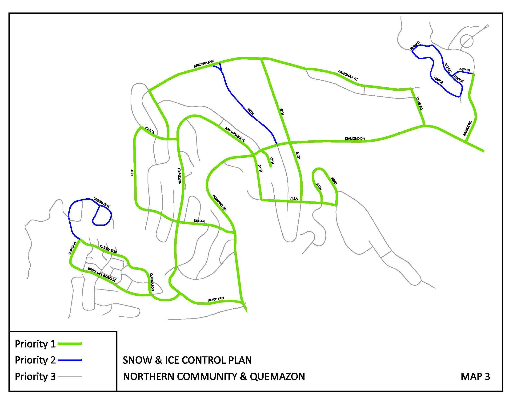 Map Northern community & Quemazon snowplow priority. 1: Range Rd, Diamond Dr, Club Rd, Arizona Ave, 35th, 33rd, 34th, Villa, 37th, 38th, Arkansas, North Rd, Urban, Yucca, Quemazon, Brisa Del Bosque, Corona. 2: Quemazon, 35th, Aspen, Maple, Sumac.