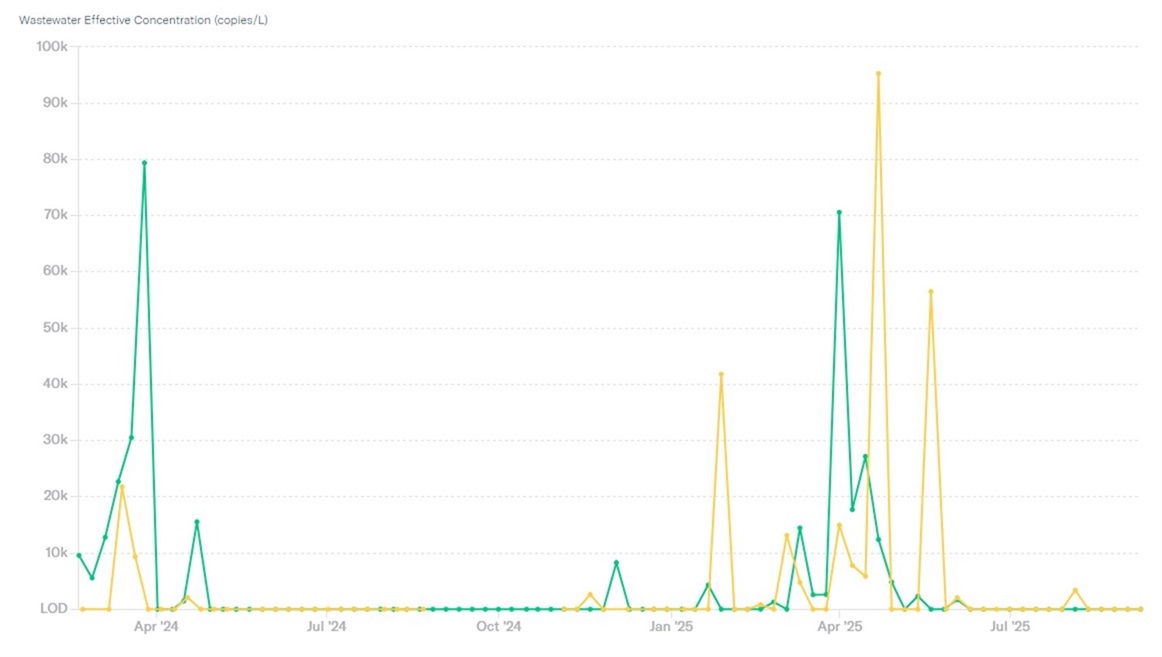 Graph displaying the concentration of Influenza B in the Los Alamos County and White Rock Wastewater Treatment Plants from February 20, 2022 to the present.