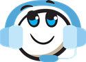 Smiling cartoon face inside a blue phone headset