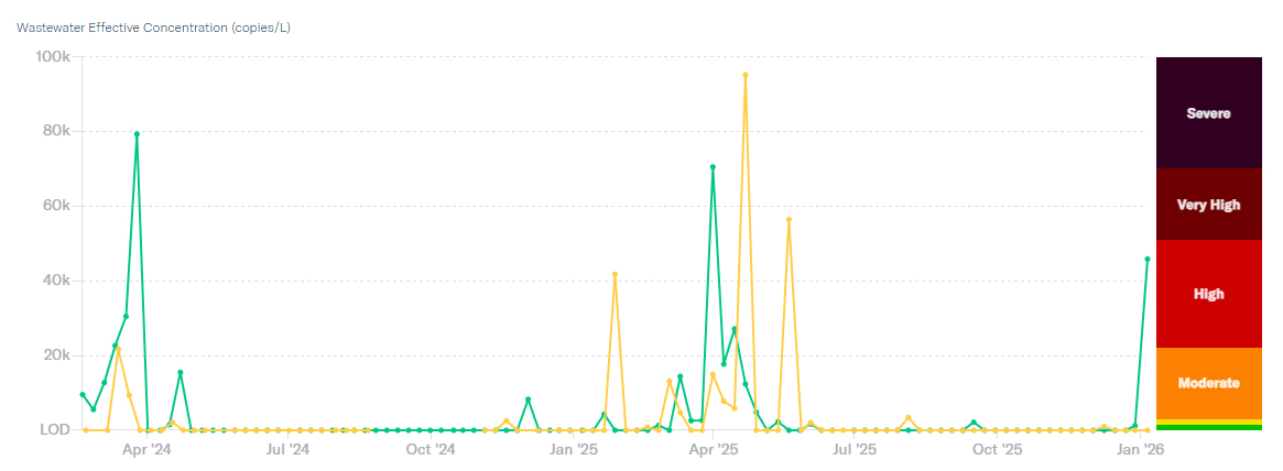 Graph displaying the concentration of Influenza B in the Los Alamos County and White Rock Wastewater Treatment Plants from February 20, 2022 to the present.